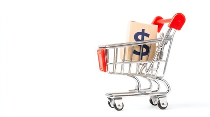 Mini shopping cart with dollar sign bag, white isolate background