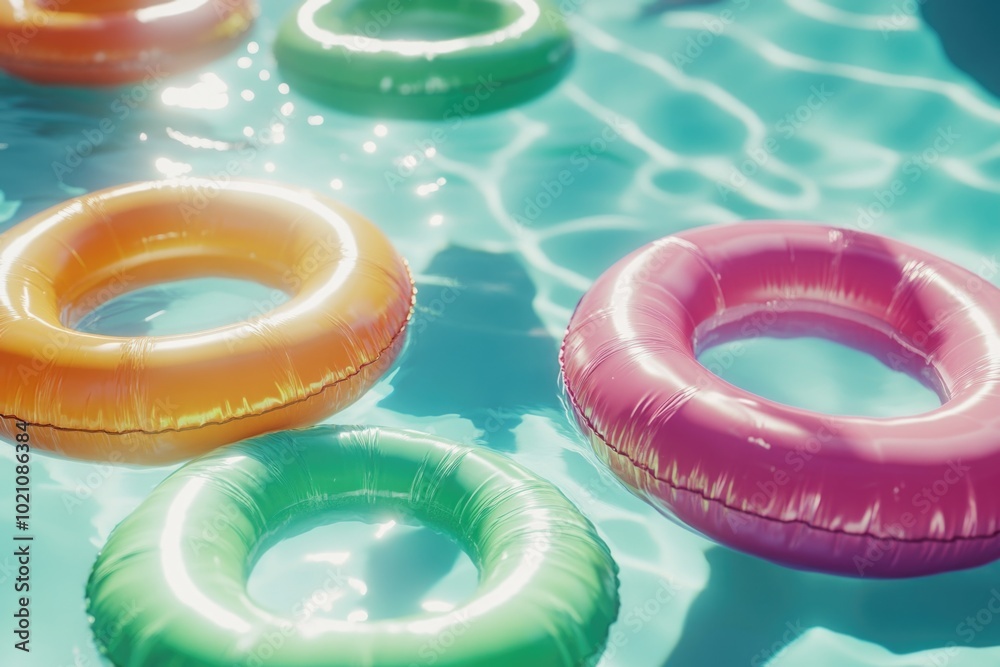 Poster a group of colorful inflatable rings floating on the surface of a swimming pool, perfect for summer 