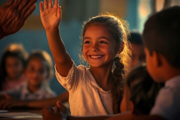 A young student raises her hand to participate in class discussion, suitable for educational and learning purposes