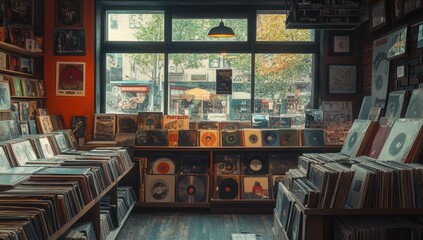 Cozy Old Record Store with Warm Lighting and Vintage Decor, Vinyl Records Stacked on Shelves, Nostalgic Atmosphere and Retro Vibes