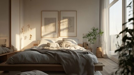 Fototapeta premium Cozy Scandinavian-style bed with light wood, soft gray blankets, and natural accents, placed in a minimalist bedroom. Perfect for a serene and peaceful look.