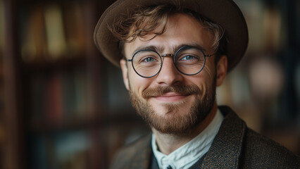 Fototapeta premium Caucasian Man Historian - smiling man, hipster, glasses, beard, portrait, stylish, happy, male, brown hair, indoor, casual, vintage, natural light, trendy outfit