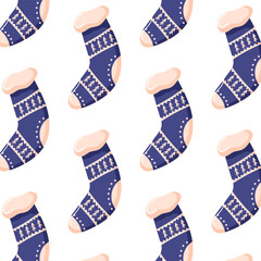 Seamless pattern with cozy Christmas socks in blue with festive tree and geometric designs. Flat style. Ideal for holiday wrapping, textiles or seasonal decorations in a cute winter theme.