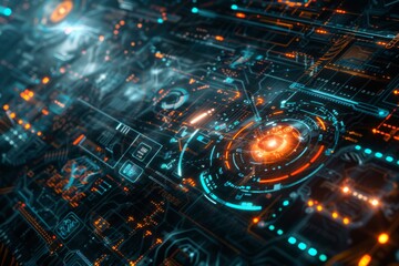 Obraz premium A vibrant digital circuit board illuminated by bright blue and red lights showcasing technology and innovation in a dark setting