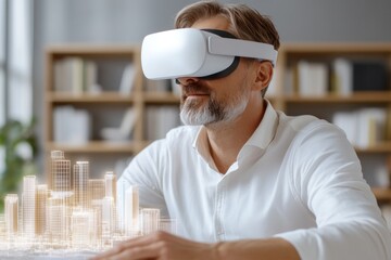 Mature man using virtual reality headset with 3d cityscape hologram in modern office