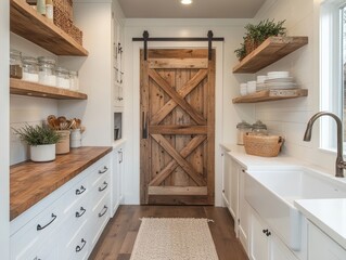 A contemporary farmhouse pantry with white shaker cabinets and a barn door entrance
