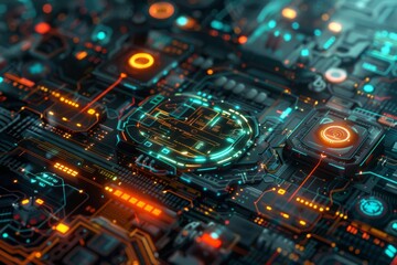 Obraz premium A vibrant digital circuit board illuminated by bright blue and red lights showcasing technology and innovation in a dark setting
