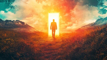Fototapeta premium A silhouette of a person stands before a glowing door in a vibrant landscape, symbolizing transition and hope.