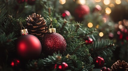 Fototapeta premium Red Christmas ornaments and pinecones on festive greenery