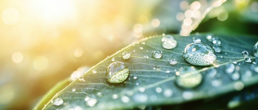 Close-up of morning dew on lush green leaves glistening in sunlight, creating a fresh and vibrant atmosphere.