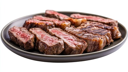 Obraz premium Juicy slices of grilled churrasco steak arranged neatly on a plate, isolated on a clean white background. Perfect for showcasing traditional barbecue cuisine.