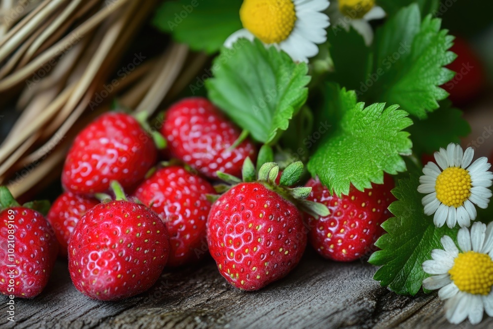 Poster fresh strawberries arranged on a rustic wooden table, perfect for food styling or as a decorative el