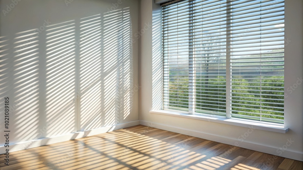 Poster sunlight streaming through window blinds, creating shadows on wall and hardwood floor