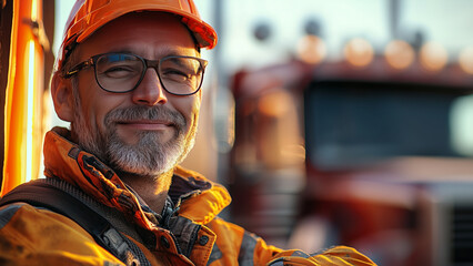 Caucasian Man Truck Driver - worker, truck, portrait, confidence, smiling, man, glasses, outdoor, transportation, industry, casual wear, orange jacket, mature man