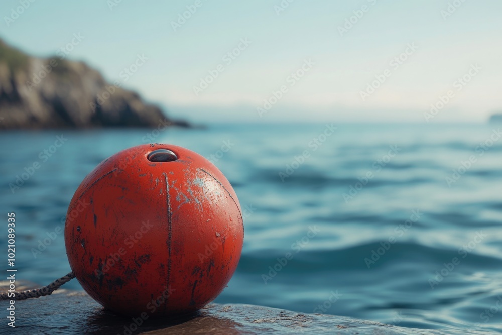 Poster a small red buoy sits on top of a rock near the ocean, with waves gently lapping in the background