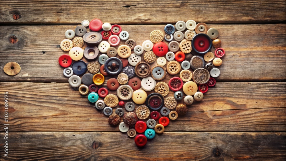 Poster a heart-shaped arrangement of colorful buttons on a rustic wooden surface.