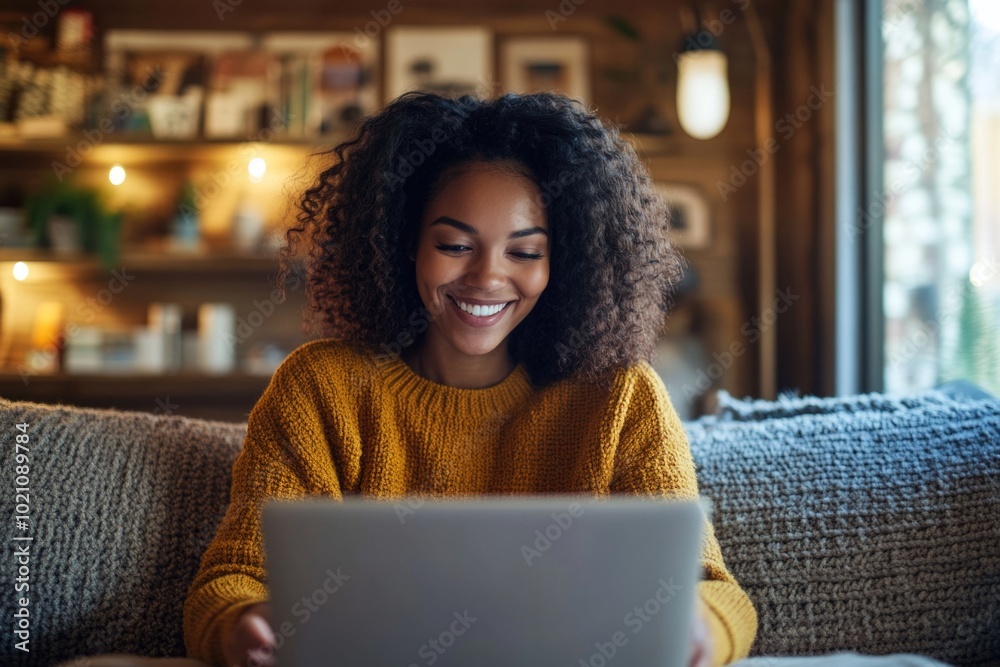 Canvas Prints A woman sits on a couch using a laptop for work or personal use