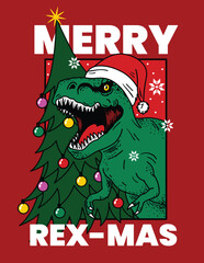 
t-rex dinosaur illustration with pine tree and christmas hat