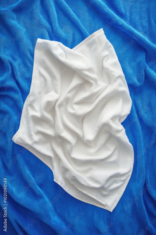 Poster a simple still life image featuring a white towel placed on top of a blue blanket