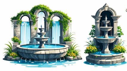 Obraz premium Set of stone fountains. In spring, the environment is filled with ancient architecture surrounded by water, as if it were a cartoon illustration. white background