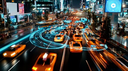 Nighttime cityscape with busy traffic and light trails from vehicles.