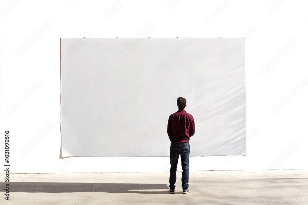 Poster a person standing alone in front of a plain white wall, ideal for use as a background or placeholder