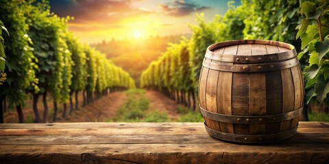 A Rustic Wine Barrel Resting on a Wooden Tabletop with a Vineyard Backdrop at Sunset