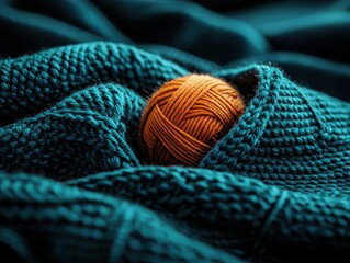 Yarn ball nestled in knitted fabric, close-up view