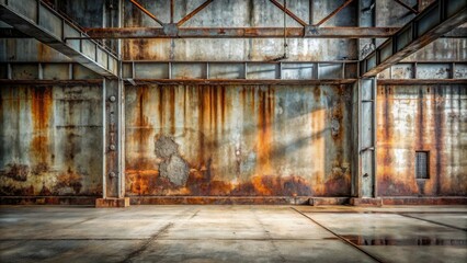 Naklejka premium Rusty Metal Beams and Concrete Floor in an Abandoned Industrial Building