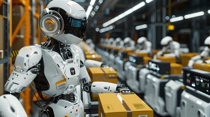 Fototapeta premium Robots Sorting Boxes in a Modern Warehouse Environment