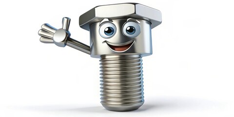 A smiling metal bolt with a happy expression gives a thumbs up, a cheerful depiction of a mechanical fastener with personality