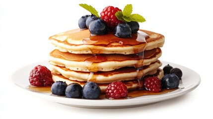 Stack of fluffy pancakes topped with syrup and fresh berries, set against a pure white background. A breakfast favorite enjoyed worldwide.