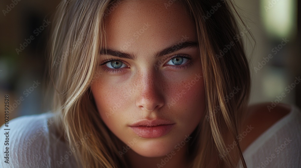 Poster A close-up portrait of a woman with striking blue eyes, ideal for use in editorial or personal projects