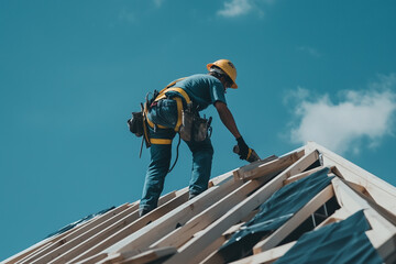 Roofer Carpenter Working on Roof Structure at Construction Site Residential Roofing Building Process