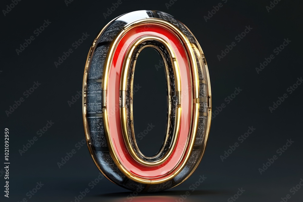 Poster a single red and gold letter 'o' on a black background, suitable for use in graphic design or as a s