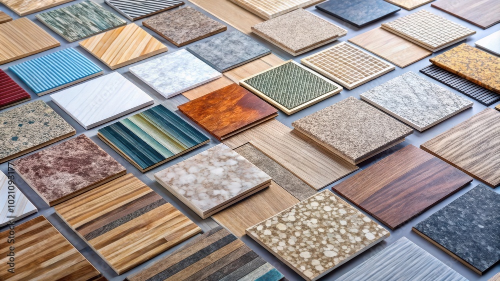 Poster a display of various surface finishes showcasing a diverse selection of textures, patterns, and colo