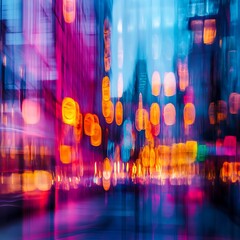 A vibrant, abstract cityscape with blurred lights and colors, evoking a sense of motion and energy.