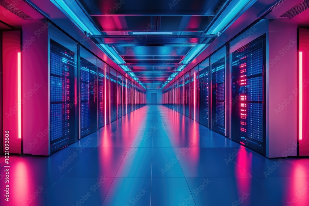 Fototapete A long hallway filled with rows of servers and computer equipment, great for use in tech-related projects or presentations