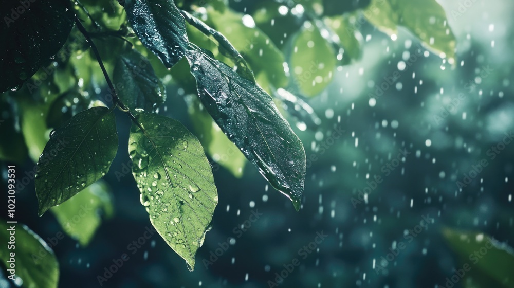 Poster a clear shot of a leaf covered in water droplets, ideal for use in nature-inspired designs or as a s