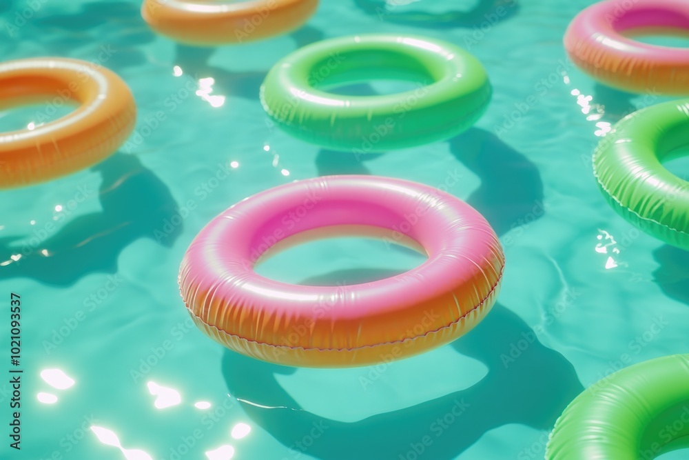 Poster inflatable floats and toys floating in a pool, perfect for summer fun or party decorations