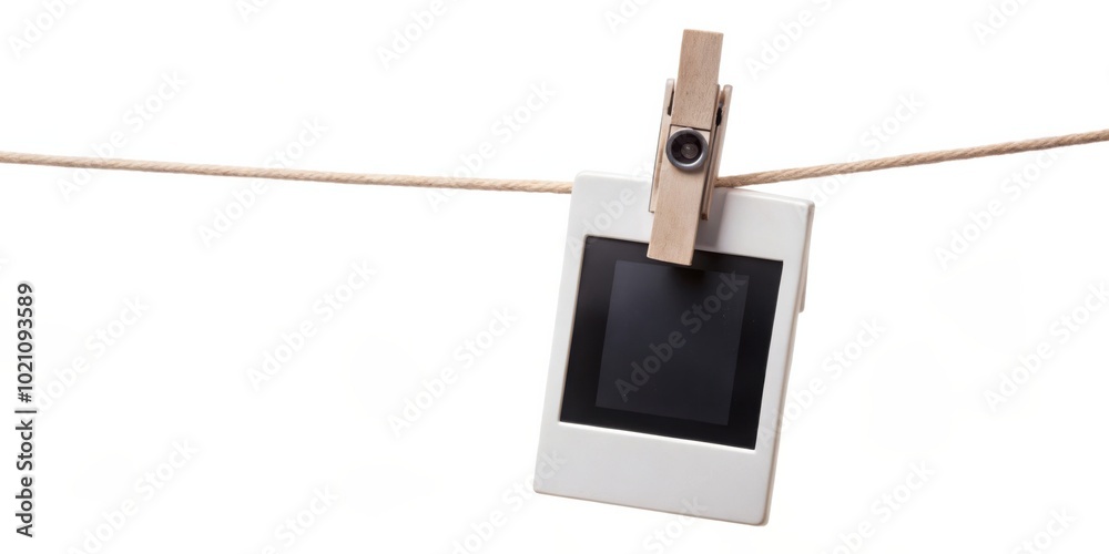 Poster A blank white photo frame with a wooden clothespin hangs from a length of string against a white backdrop.