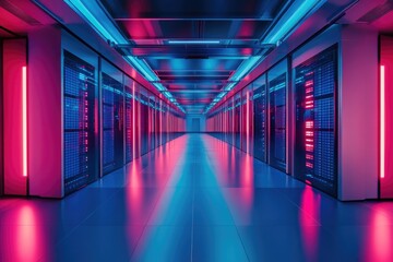 Fototapeta premium A long hallway filled with rows of servers and computer equipment, great for use in tech-related projects or presentations