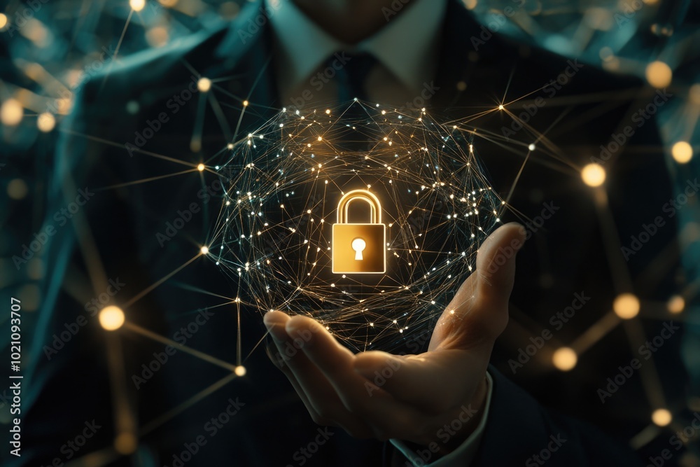 Poster A person in a suit holds a sphere with a lock, suitable for illustrations about security or secrecy
