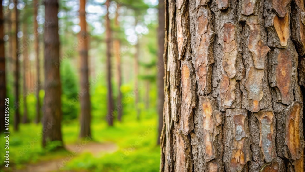 Poster Close-up view of a tree trunk with its rough textured bark, providing a natural contrast to the soft, green hues of the background forest
