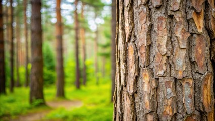 Fototapeta premium Close-up view of a tree trunk with its rough textured bark, providing a natural contrast to the soft, green hues of the background forest
