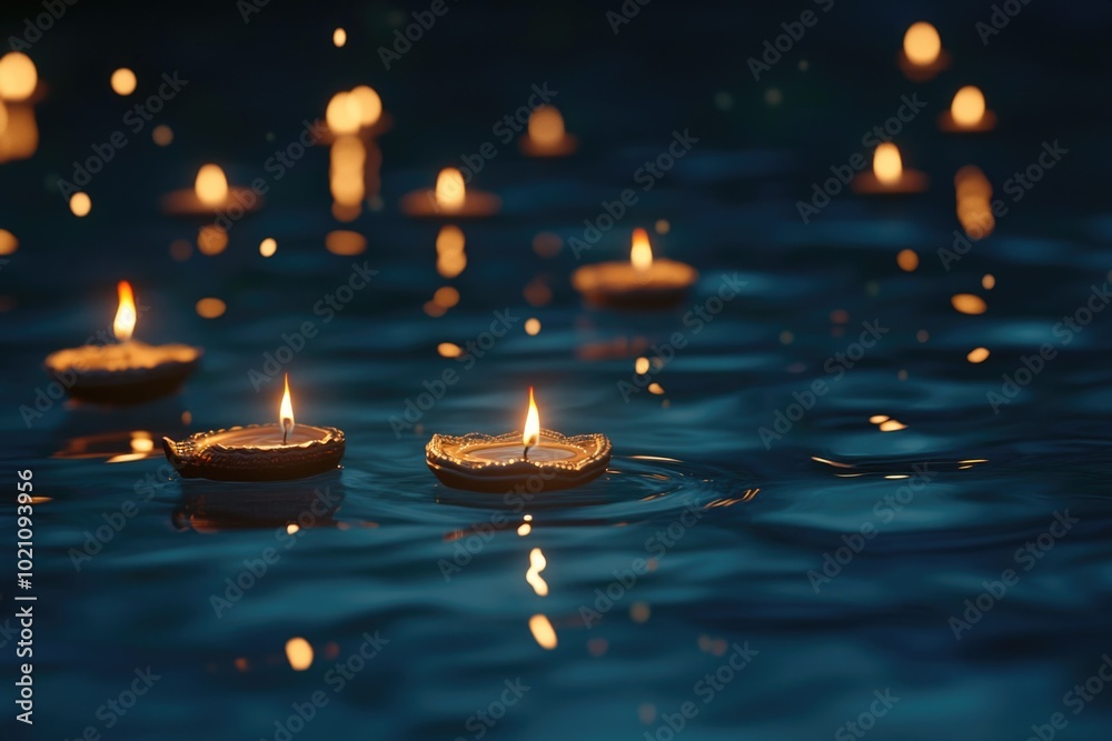 Poster a group of lit candles floating on the surface of a calm body of water, creating a peaceful and sere