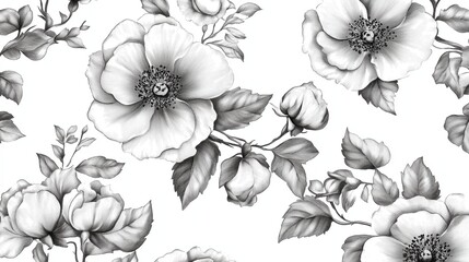 Elegant monochrome floral pattern featuring detailed black and white roses and leaves on a bright background