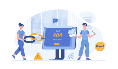Error - Page not found 404, Go back. Link to empty non existent page. Broken link. Vector illustration with characters in flat design for web banner.