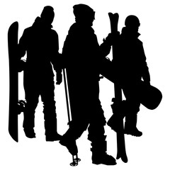 Vector silhouettes of a group of people. Three skiers walking with equipment in their hands, a woman with skis and two men with snowboards