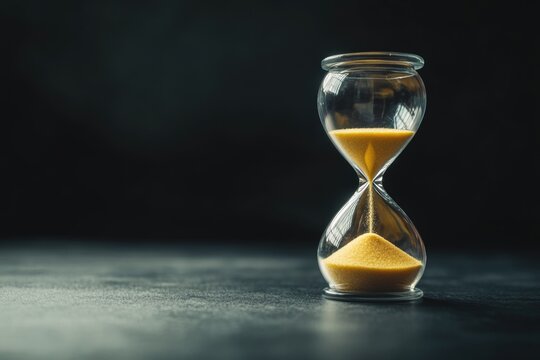 An hourglass sits on a table, symbolizing the passage of time